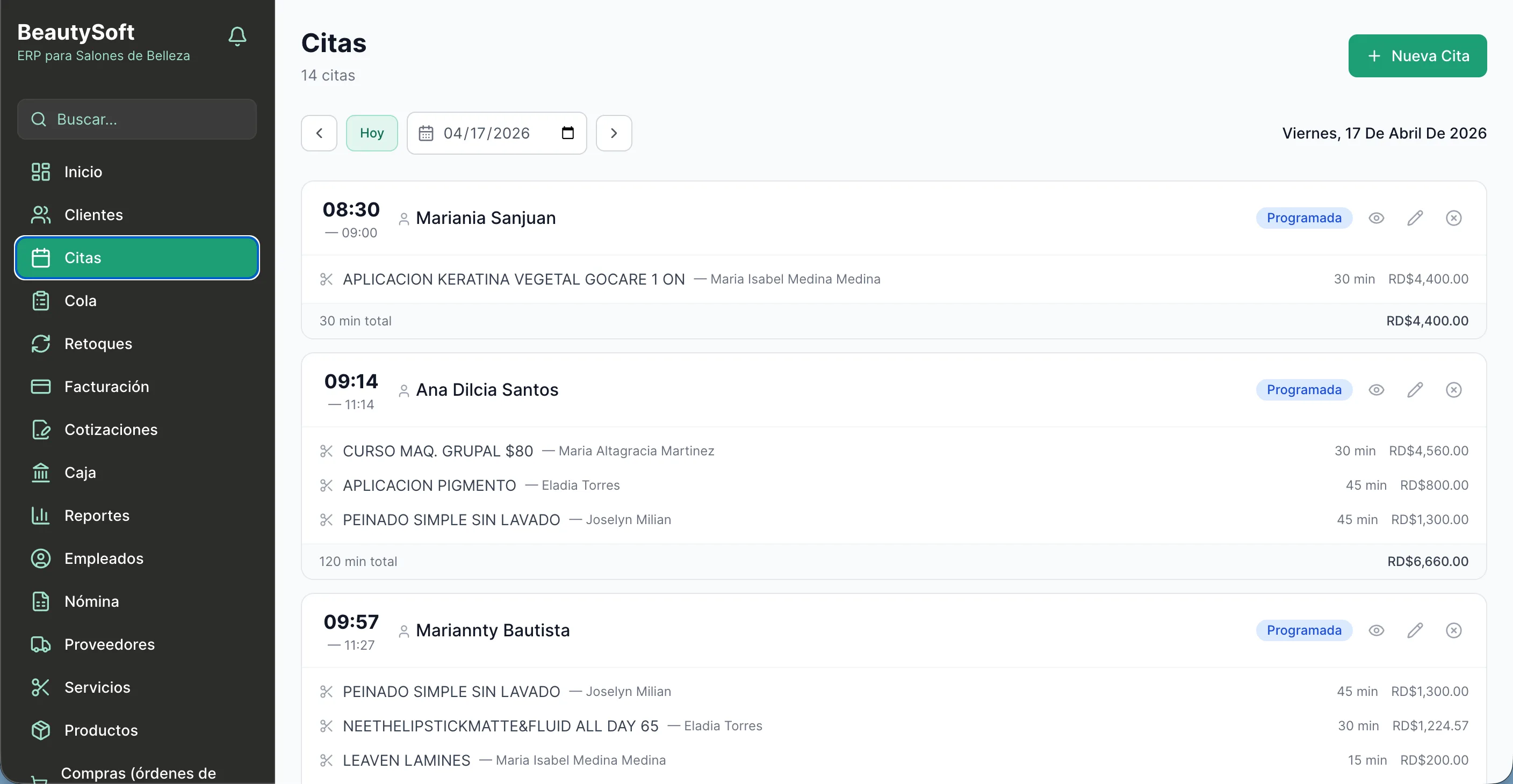 Screenshot of BeautySoft's appointment calendar showing schedules, services, and assigned stylists