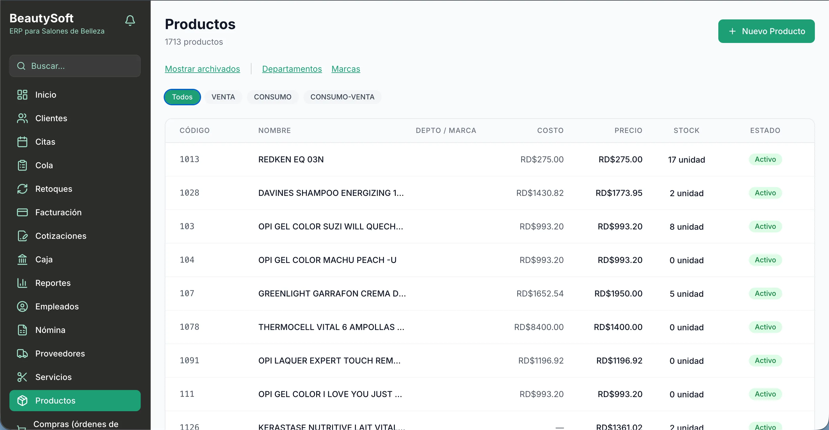 Screenshot of BeautySoft's inventory module with product list, costs, and stock levels