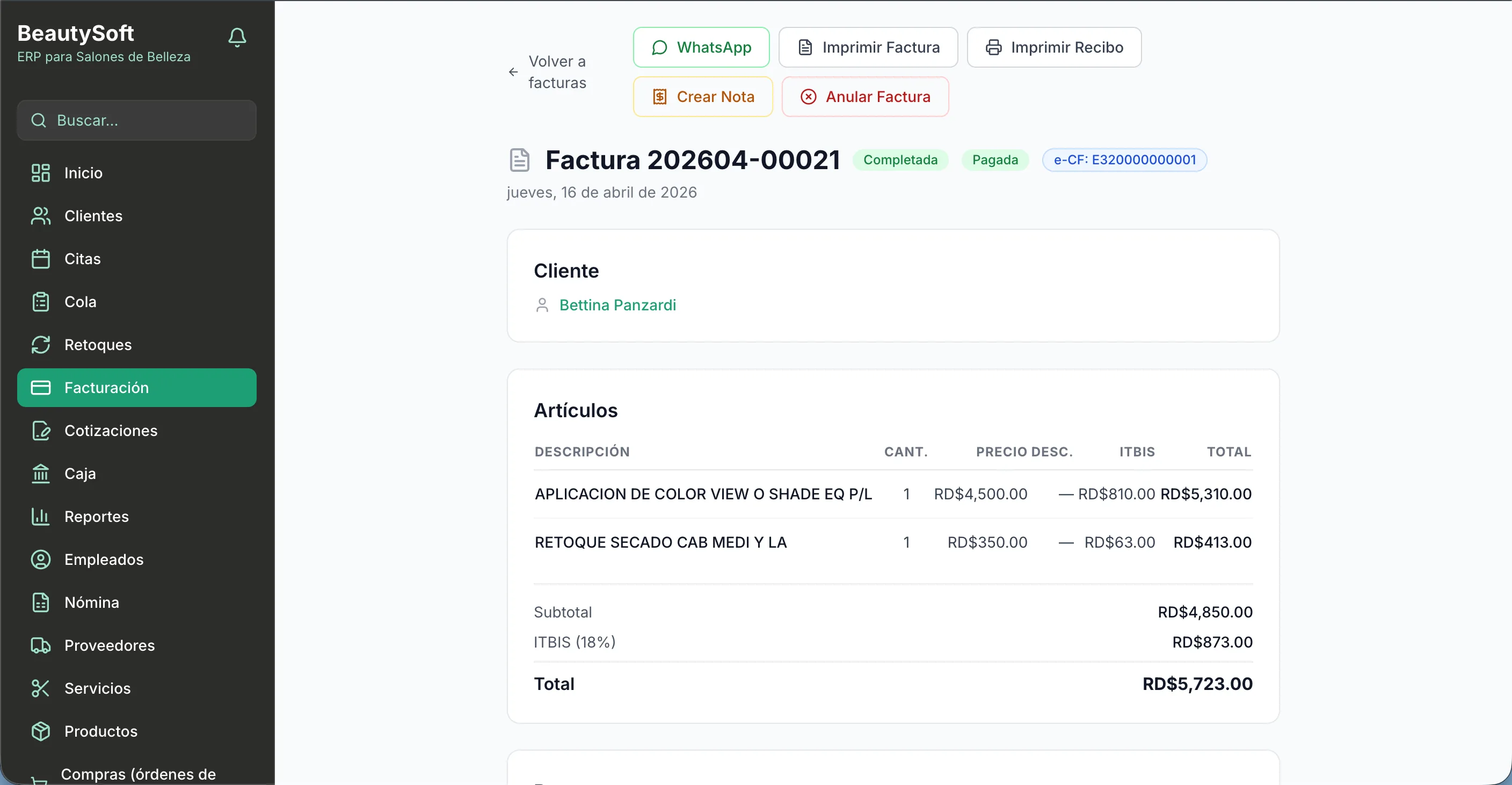 Screenshot of an electronic e-CF invoice generated in BeautySoft
